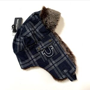 NWT True Religion Denim Faux Fur Trapper Aviator Hat Blue Plaid Logo Pocket